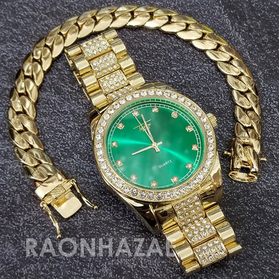 Raonhazae Hip Hop Iced Lab Diamond Drake 14K Gold Plated Watch with Miami Cuban Chain Set - GTX001 - Raonhazae