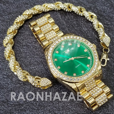 Raonhazae Hip Hop Iced Lab Diamond Green Face Drake 14K Gold Plated Watch with Rope Bracelet Set - GTR004 - Raonhazae