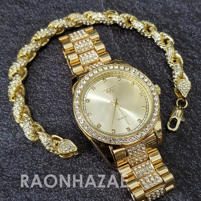 Raonhazae Hip Hop Iced Lab Diamond Blu Face Drake 14K Gold Plated Watch with Rope Bracelet Set - GTR004 - Raonhazae