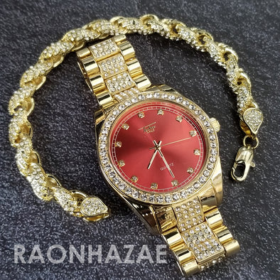Raonhazae Hip Hop Iced Lab Diamond Red Face Drake 14K Gold Plated Watch with Rope Bracelet Set - GTR001 - Raonhazae