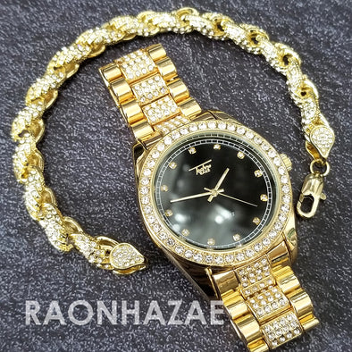 Raonhazae Hip Hop Iced Lab Diamond Black Face Drake 14K Gold Plated Watch with Rope Bracelet Set - GTR001 - Raonhazae