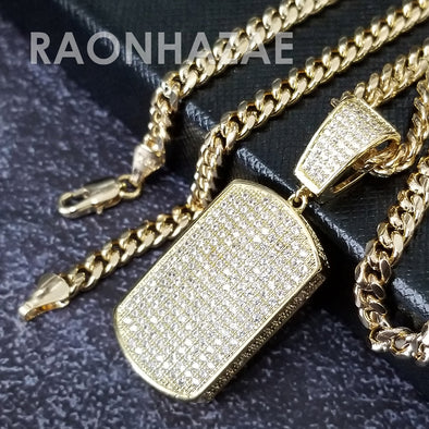 Hip Hop Blinged Out Dog Tag Pendant w/ 5mm Miami Cuban Chain - Raonhazae