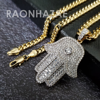 Hip Hop Blinged Out Hands of Hamsa Pendant w/ 5mm Miami Cuban Chain - Raonhazae