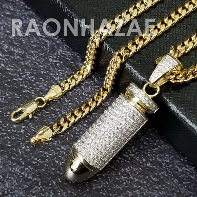 Hip Hop Blinged Out Bullet Pendant w/ 5mm Miami Cuban Chain - Raonhazae