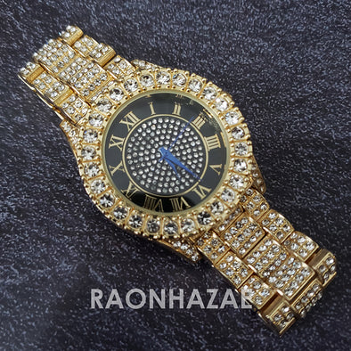 Raonhazae Hip Hop Iced Lab Diamond 14K Gold Plated Black Face Watch with Stone - Raonhazae