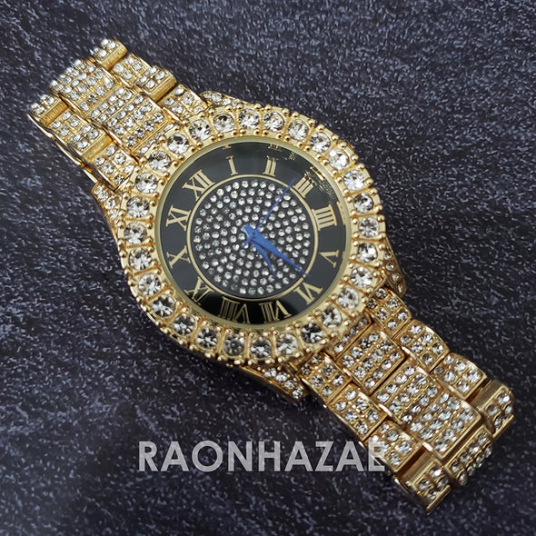Raonhazae Hip Hop Iced Lab Diamond Drake 14K Gold Plated Watch with 12mm Cuban Link Bracelet Set - Raonhazae