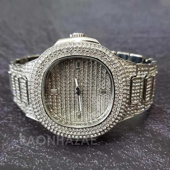 Silver Raonhazae Hip Hop Iced Lab Diamond Drake 14K White Gold Plated Watch with 12mm Cuban Link Bracelet Set - Raonhazae