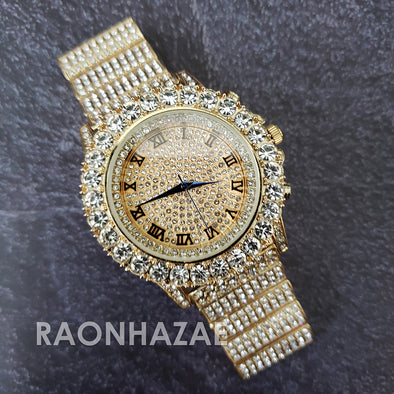 Raonhazae Hip Hop Iced Lab Diamond 14K Drake Drizzy Gold Plated Black Face Watch with Stone - Raonhazae