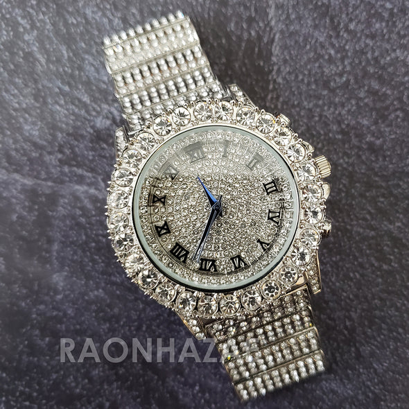 Raonhazae Hip Hop Iced Lab Diamond 14K White Gold Plated Watch with Stone - Raonhazae
