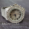 Silver Raonhazae Hip Hop Iced Lab Diamond OVIO DRAKE 14K White Gold Plated Watch with 12mm Cuban Link Bracelet Set - Raonhazae