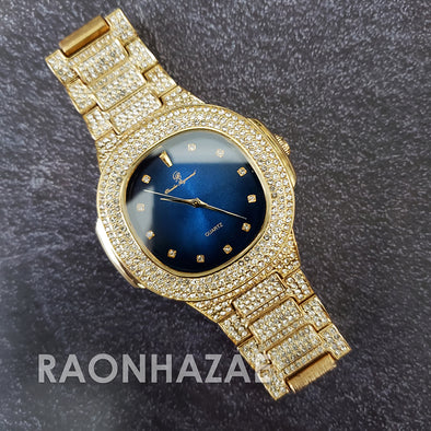 Raonhazae Hip Hop Iced Lab Diamond 14K Drake Drizzy Blue Face Gold Plated Black Face Watch with Stone - Raonhazae