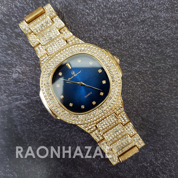 Raonhazae Hip Hop Iced Lab Diamond Drizzy Drake Blue Face 14K Gold Plated Watch with 12mm Cuban Link Bracelet Set - Raonhazae