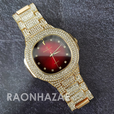 Raonhazae Hip Hop Iced Lab Diamond 14K Drake Drizzy Red Face Gold Plated Black Face Watch with Stone - Raonhazae