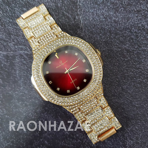 Raonhazae Hip Hop Iced Lab Diamond Drizzy Drake Red Face 14K Gold Plated Watch with 12mm Cuban Link Bracelet Set - Raonhazae