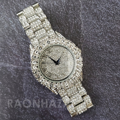 Raonhazae Silver Hip Hop Iced Lab Diamond Drizzy Drake 14K White Gold Plated Watch with 12mm Cuban Link Bracelet Set - Raonhazae