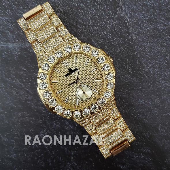 Raonhazae Hip Hop Iced Lab Diamond 14K De La Soul Gold Plated Black Face Watch with Stones - Raonhazae