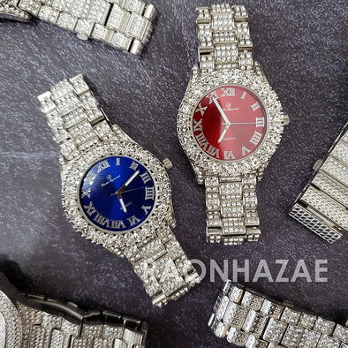 Raonhazae Silver Hip Hop Iced Lab Diamond Meek Mill Drake Blue / Red Face 14K White Gold Plated Watch with 12mm Cuban Link Bracelet Set - Raonhazae