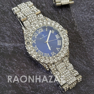 Raonhazae Hip Hop FULLY Iced Lab Diamond 14K White Gold Plated Watch with Blue Face  Blingy Stones - Raonhazae