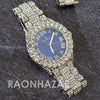 Raonhazae Silver Hip Hop Iced Lab Diamond Meek Mill Drake Blue / Red Face 14K White Gold Plated Watch with 12mm Cuban Link Bracelet Set - Raonhazae