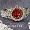 Raonhazae Hip Hop FULLY Iced Lab Diamond 14K White Gold Plated Watch with Red Face Blingy Stones - Raonhazae