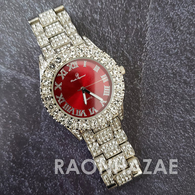 Raonhazae Hip Hop FULLY Iced Lab Diamond 14K White Gold Plated Watch with Red Face Blingy Stones - Raonhazae