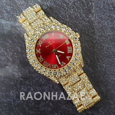 Raonhazae Hi Hop Iced Lab Diamond Meek Mill Drake Red Face 14K Gold Plated Watch with 12mm Cuban Link Bracelet Set - Raonhazae