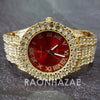 Raonhazae Hi Hop Iced Lab Diamond Meek Mill Drake Red Face 14K Gold Plated Watch with 12mm Cuban Link Bracelet Set - Raonhazae