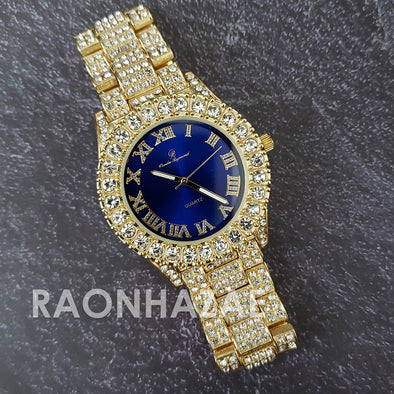 Raonhazae Hip Hop Iced Lab Diamond 14K De La Soul Gold Plated Black Face Watch with Stones - Raonhazae