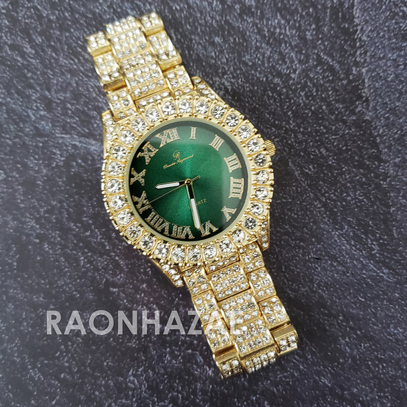 Raonhazae Hip Hop Iced Lab Diamond 14K De La Soul Gold Plated Green  Face Watch with Stones - Raonhazae