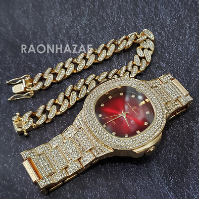 Raonhazae Hip Hop Iced Lab Diamond Drizzy Drake Red Face 14K Gold Plated Watch with 12mm Cuban Link Bracelet Set - Raonhazae