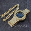 Raonhazae Hip Hop Iced Lab Diamond Drizzy Drake Blue Face 14K Gold Plated Watch with 12mm Cuban Link Bracelet Set - Raonhazae