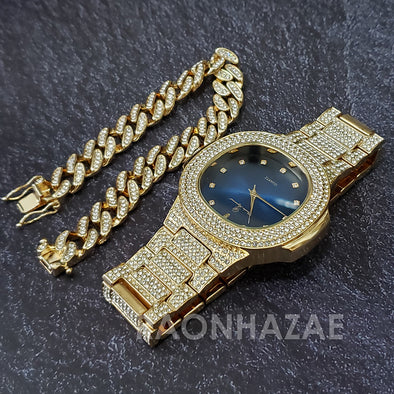 Raonhazae Hip Hop Iced Lab Diamond Drizzy Drake Blue Face 14K Gold Plated Watch with 12mm Cuban Link Bracelet Set - Raonhazae