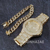 Raonhazae Hip Hop Iced Lab Diamond Drake 14K Gold Plated Watch with 12mm Cuban Link Bracelet Set - Raonhazae
