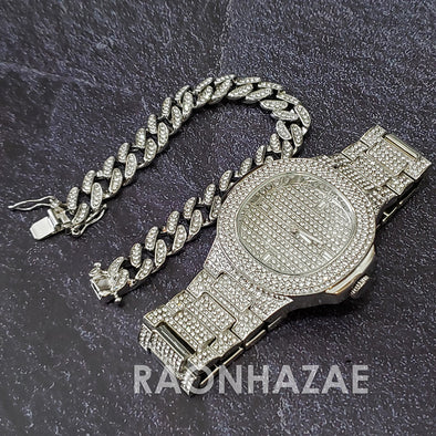Silver Raonhazae Hip Hop Iced Lab Diamond Drake 14K White Gold Plated Watch with 12mm Cuban Link Bracelet Set - Raonhazae