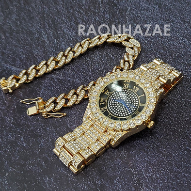 Raonhazae Hip Hop Iced Lab Diamond Drake 14K Gold Plated Watch with 12mm Cuban Link Bracelet Set - Raonhazae