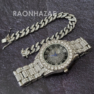 Raonhazae Hip Hop Iced Lab Diamond Drake 14K White Gold Plated Watch with 12mm Cuban Link Bracelet Set - Raonhazae