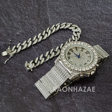 Silver Raonhazae Hip Hop Iced Lab Diamond OVIO DRAKE 14K White Gold Plated Watch with 12mm Cuban Link Bracelet Set - Raonhazae