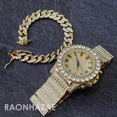 Raonhazae Hip Hop Iced Lab Diamond Drizzy Drake 14K Gold Plated Watch with 12mm Cuban Link Bracelet Set - Raonhazae