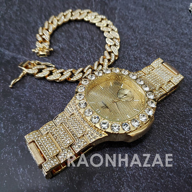 Raonhazae Hip Hop Iced Lab Diamond Meek Mill Drake 14K Gold Plated Watch with 12mm Cuban Link Bracelet Set - Raonhazae