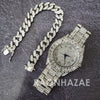 Raonhazae Silver Hip Hop Iced Lab Diamond Drizzy Drake 14K White Gold Plated Watch with 12mm Cuban Link Bracelet Set - Raonhazae