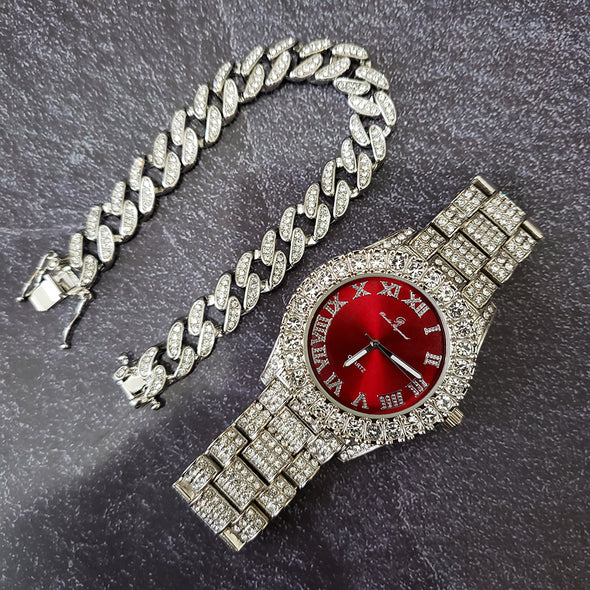 Raonhazae Silver Hip Hop Iced Lab Diamond Meek Mill Drake Blue / Red Face 14K White Gold Plated Watch with 12mm Cuban Link Bracelet Set - Raonhazae