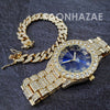 Raonhazae Silver Hip Hop Iced Lab Diamond Meek Mill Drake Blue / Red / Green Face 14K Gold Plated Watch with 12mm Cuban Link Bracelet Set - Raonhazae
