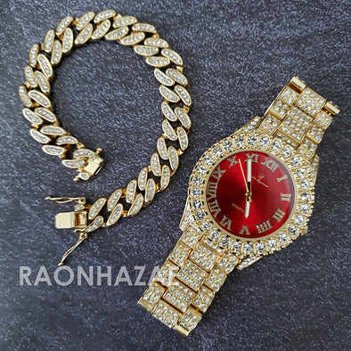 Raonhazae Hi Hop Iced Lab Diamond Meek Mill Drake Red Face 14K Gold Plated Watch with 12mm Cuban Link Bracelet Set - Raonhazae