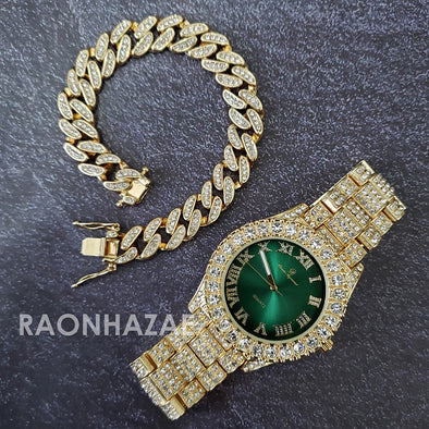 Raonhazae Hi Hop Iced Lab Diamond Meek Mill Drake Green Face 14K Gold Plated Watch with 12mm Cuban Link Bracelet Set - Raonhazae