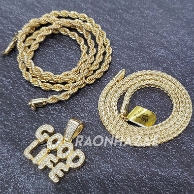 MENS ICED GOLD BUBBLE GOOD LIFE PENDANT 4mm ROPE / FRANCO CHAIN NECKLACE - Raonhazae