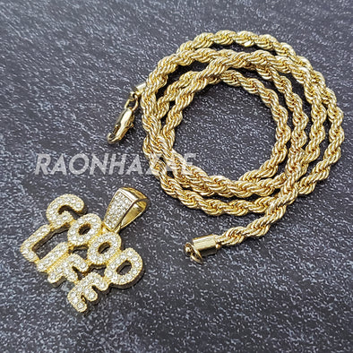 MENS ICED GOLD BUBBLE GOOD LIFE PENDANT 4mm ROPE / FRANCO CHAIN NECKLACE - Raonhazae