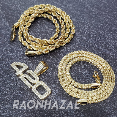 MENS ICED GOLD HAPPY 420 MARIJUANA DAY PENDANT 4mm ROPE / FRANCO CHAIN NECKLACE - Raonhazae