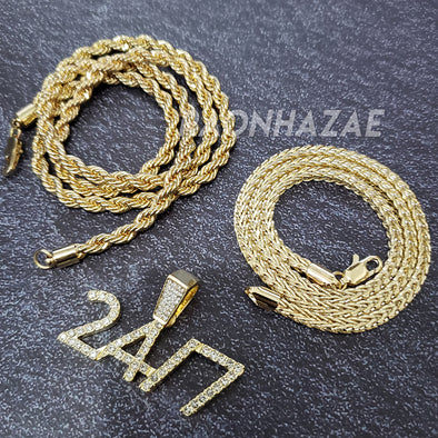 MENS ICED GOLD PLATED MEEK MILL 24/7 PENDANT 4mm ROPE / FRANCO CHAIN NECKLACE - Raonhazae