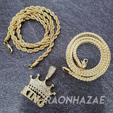 MENS ICED GOLD THE MOB KING CROWN PENDANT 4mm ROPE / FRANCO CHAIN NECKLACE - Raonhazae