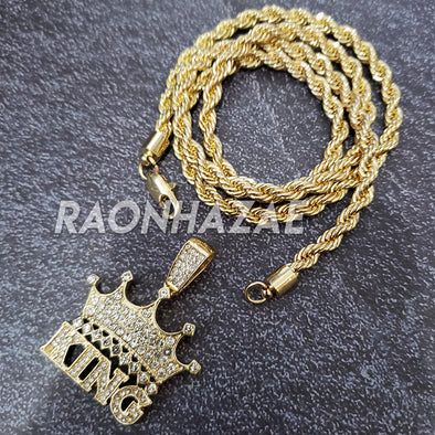 MENS ICED GOLD THE MOB KING CROWN PENDANT 4mm ROPE / FRANCO CHAIN NECKLACE - Raonhazae